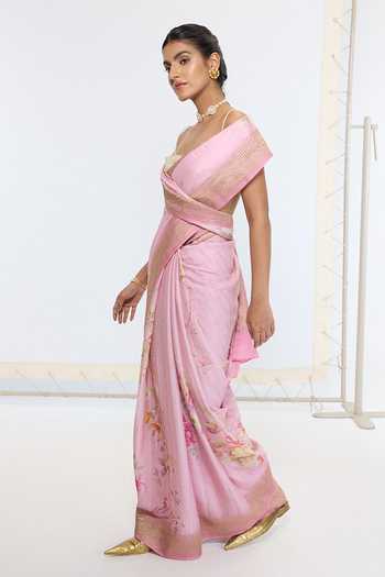 Buy_Ekaya Banaras_Pink Georgette Printed Saree With Running Blouse _Online_at_Aza_Fashions