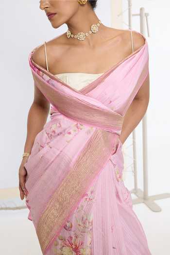 Shop_Ekaya Banaras_Pink Georgette Printed Saree With Running Blouse _Online_at_Aza_Fashions