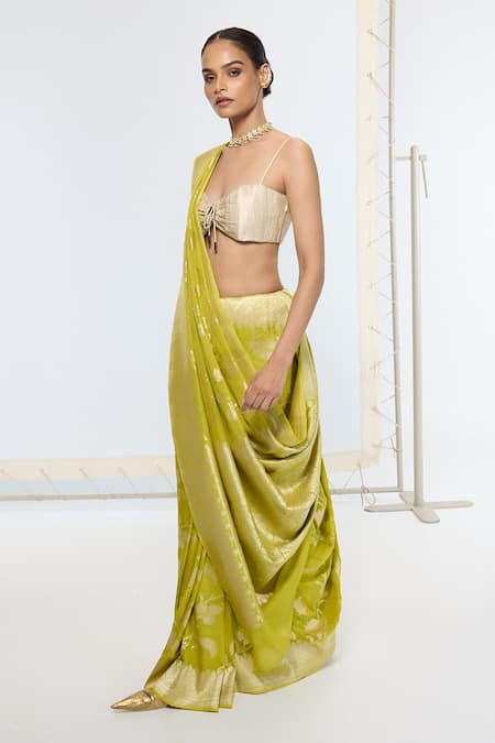 Buy_Ekaya Banaras_Yellow Georgette Kadwa Pattern Saree With Running Blouse _Online_at_Aza_Fashions