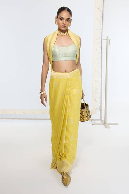 Ekaya Banaras Kadwa Pattern Yellow Georgette Saree With Running Blouse 
