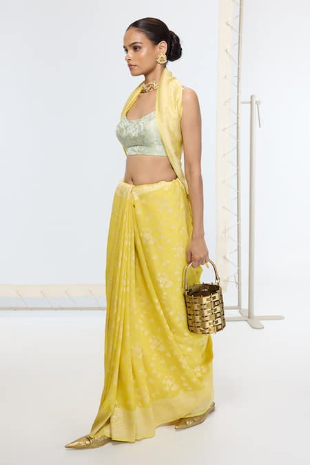 Buy Ekaya Banaras Yellow Georgette Embroidery Kadwa Pattern Saree With Running Blouse Online at Aza Fashions Buy_Ekaya Banaras_Yellow Georgette Embroidery Kadwa Pattern Saree With Running Blouse _Online_at_Aza_Fashions