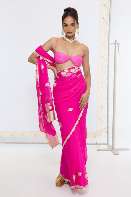 Ekaya Banaras Pink Georgette Embroidery Kadwa Hand Saree With Running Blouse