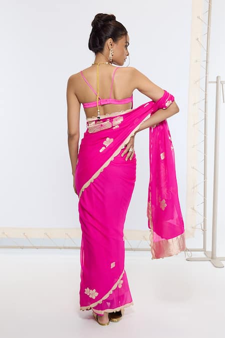 Ekaya Banaras Pink Kadwa Hand Embroidered Saree With Running Blouse 