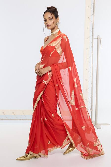 Buy_Ekaya Banaras_Red Georgette Embroidery Kadwa Hand Saree With Running Blouse _Online_at_Aza_Fashions