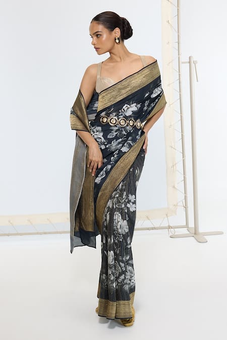 Ekaya Banaras Blue Crepe Printed Saree With Running Blouse Piece