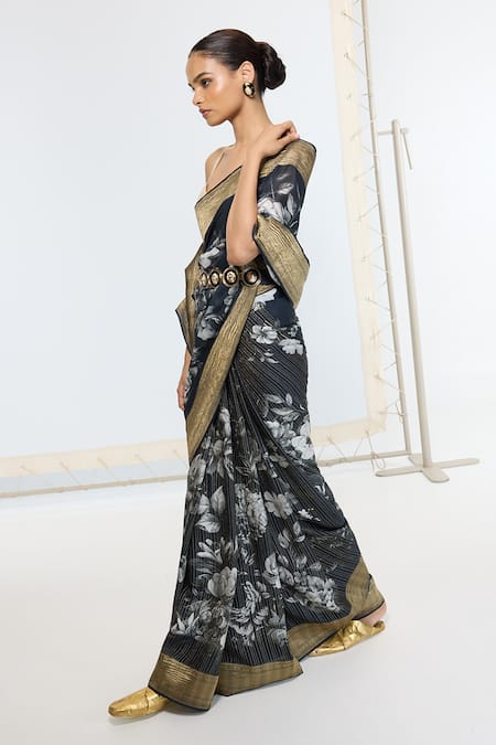 Buy Ekaya Banaras Blue Crepe Printed Saree With Running Blouse Piece Online at Aza Fashions Buy_Ekaya Banaras_Blue Crepe Printed Saree With Running Blouse Piece _Online_at_Aza_Fashions