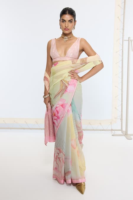 Ekaya Banaras Multi Color Georgette Printed Saree With Running Blouse 