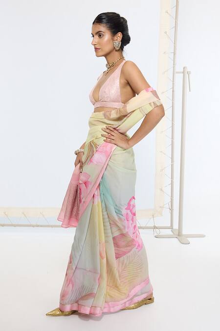Buy_Ekaya Banaras_Multi Color Georgette Printed Saree With Running Blouse _Online_at_Aza_Fashions