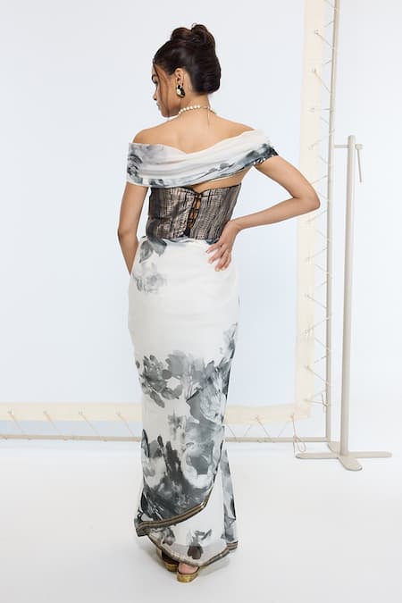 Ekaya Banaras Black & White Printed Georgette Saree With Running Blouse 