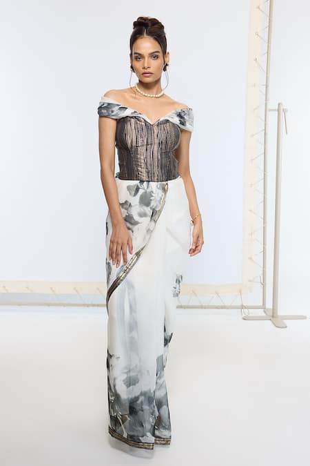 Ekaya Banaras Black Georgette And White Printed Saree With Running Blouse 