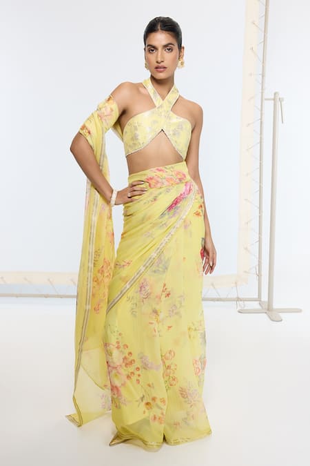 Ekaya Banaras Yellow Printed Crepe Saree With Running Blouse 