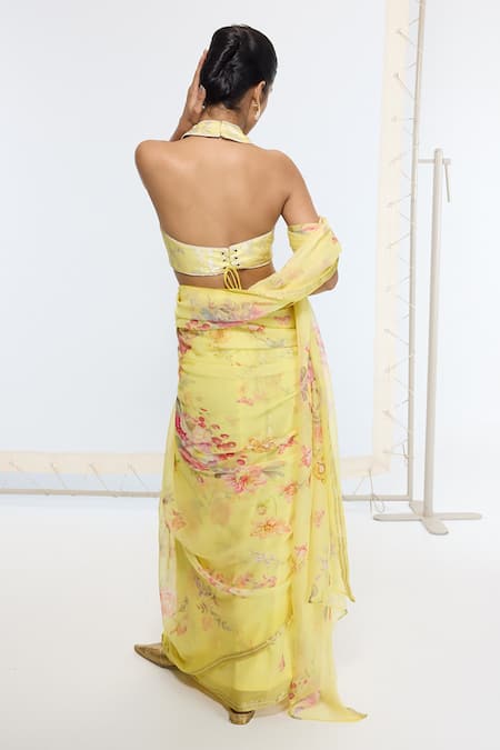 Ekaya Banaras Yellow Printed Crepe Saree With Running Blouse 