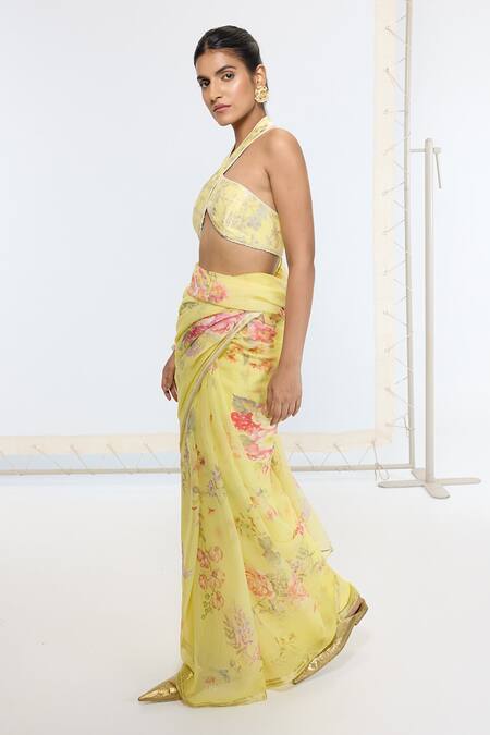 Buy_Ekaya Banaras_Yellow Crepe Printed Saree With Running Blouse _Online_at_Aza_Fashions