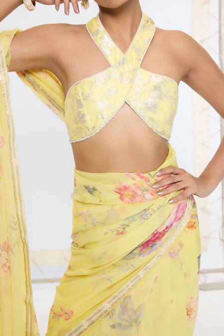 Shop_Ekaya Banaras_Yellow Crepe Printed Saree With Running Blouse _Online_at_Aza_Fashions