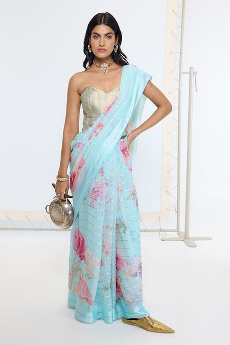 Ekaya Banaras Blue Georgette Printed Saree With Running Blouse