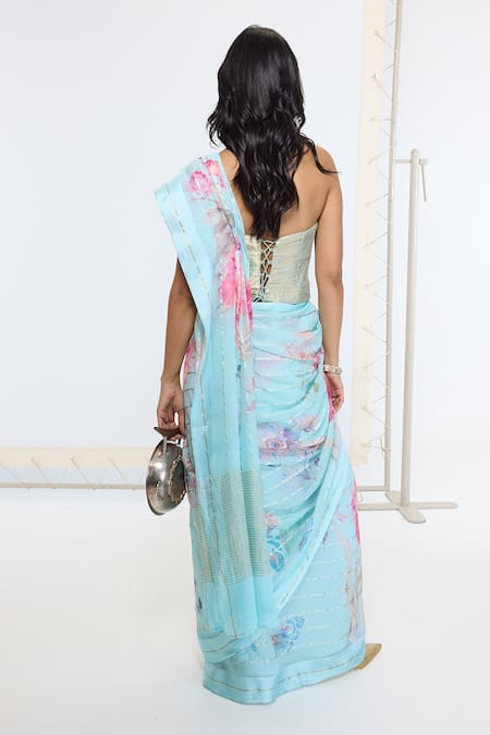 Ekaya Banaras_Blue Georgette Printed Saree With Running Blouse _Online_at_Aza_Fashions