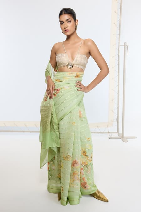 Ekaya Banaras Green Georgette Printed Saree With Running Blouse 