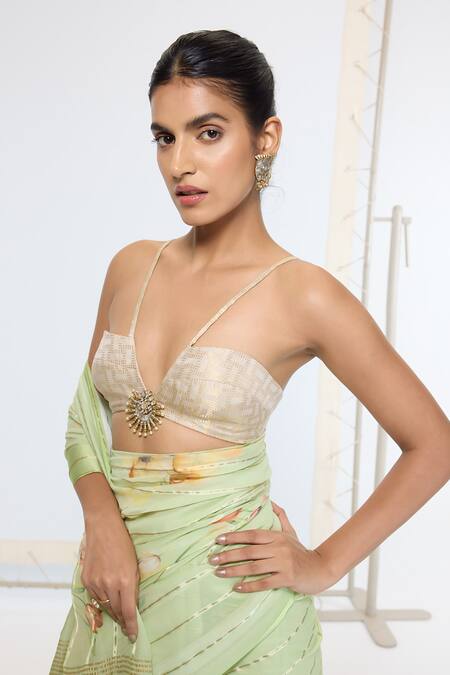 Shop Ekaya Banaras Green Georgette Printed Saree With Running Blouse Online at Aza Fashions Shop_Ekaya Banaras_Green Georgette Printed Saree With Running Blouse _Online_at_Aza_Fashions