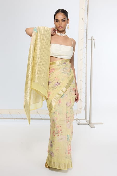 Ekaya Banaras Green Georgette Printed Saree With Running Blouse 