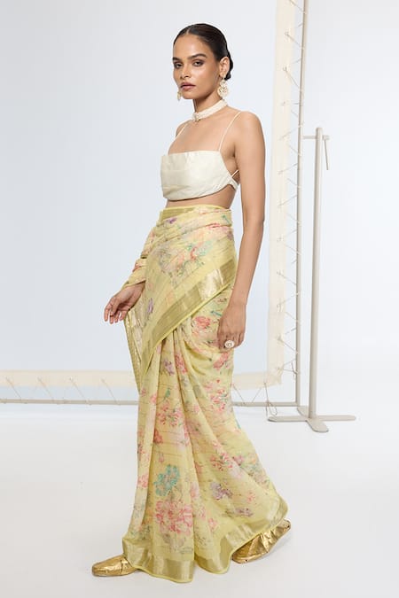 Buy_Ekaya Banaras_Green Georgette Printed Saree With Running Blouse _Online_at_Aza_Fashions