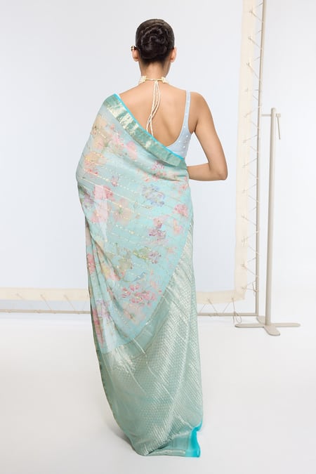 Ekaya Banaras Printed Blue Georgette Saree With Running Blouse 