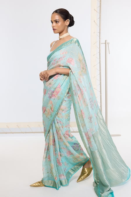 Buy_Ekaya Banaras_Blue Georgette Printed Saree With Running Blouse _Online_at_Aza_Fashions