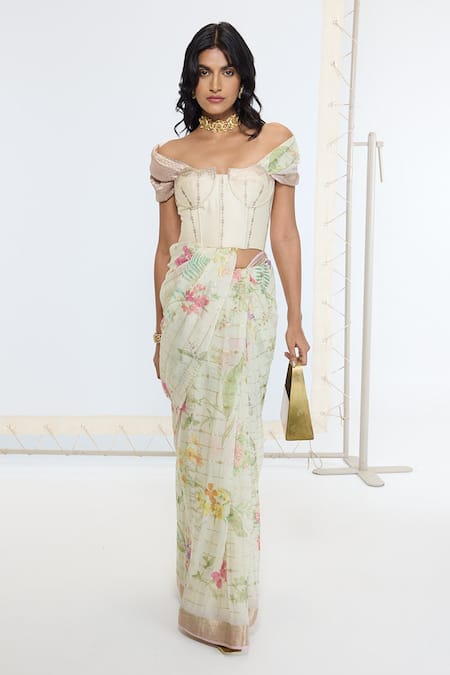 Ekaya Banaras Green Georgette Printed Saree With Running Blouse