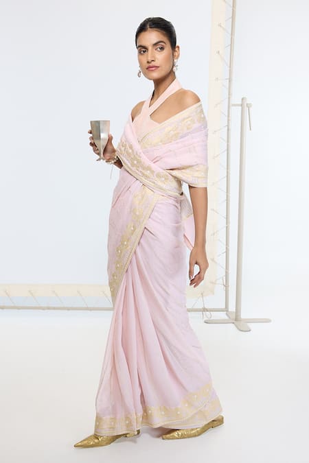 Buy_Ekaya Banaras_Peach Georgette Embroidery Kadwa Hand Saree With Running Blouse _Online_at_Aza_Fashions