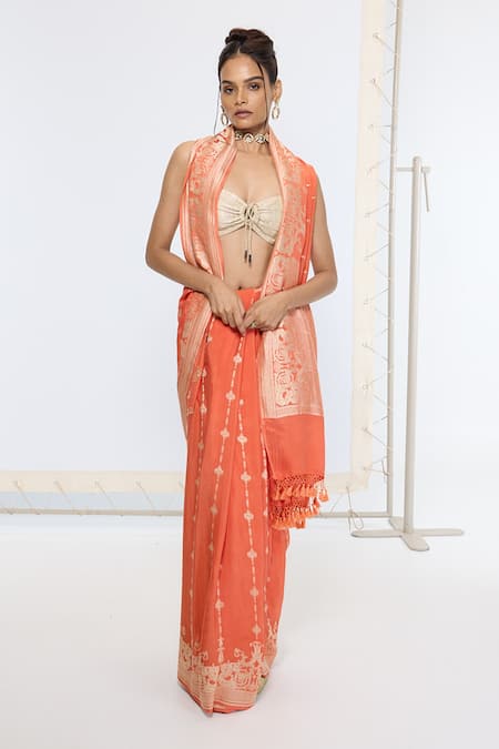 Ekaya Banaras Orange Georgette Embroidery Kadwa Hand Saree With Running Blouse 