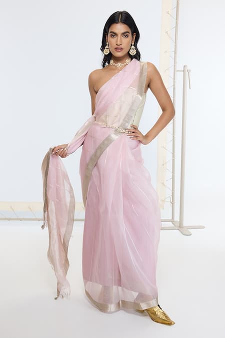Ekaya Banaras Purple Georgette Kadwa Border Saree With Running Blouse 