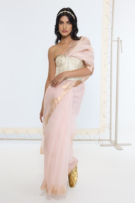 Buy_Ekaya Banaras_Peach Organza, Silk Scalloped Border Saree With Running Blouse _Online_at_Aza_Fashions