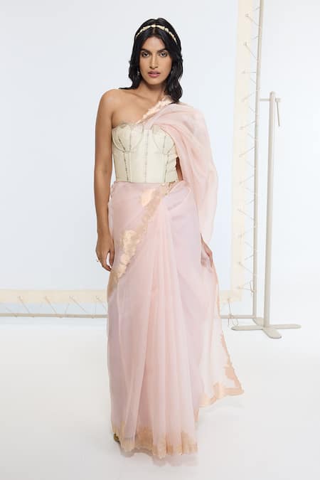 Ekaya Banaras Peach Organza, Silk Scalloped Border Saree With Running Blouse