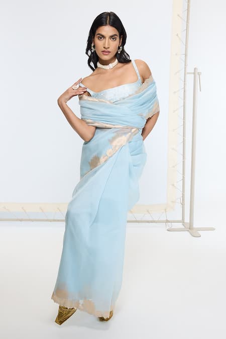 Ekaya Banaras Blue Organza, Silk Designer Scalloped Border Saree With Running Blouse