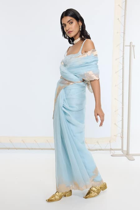 Buy Ekaya Banaras Blue Organza, Silk Designer Scalloped Border Saree With Running Blouse Online at Aza Fashions Buy_Ekaya Banaras_Blue Organza, Silk Designer Scalloped Border Saree With Running Blouse _Online_at_Aza_Fashions