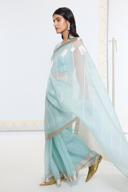 Buy Ekaya Banaras Blue Organza, Silk Solid Zari Border Saree With Running Blouse Online at Aza Fashions Buy_Ekaya Banaras_Blue Organza, Silk Solid Zari Border Saree With Running Blouse _Online_at_Aza_Fashions