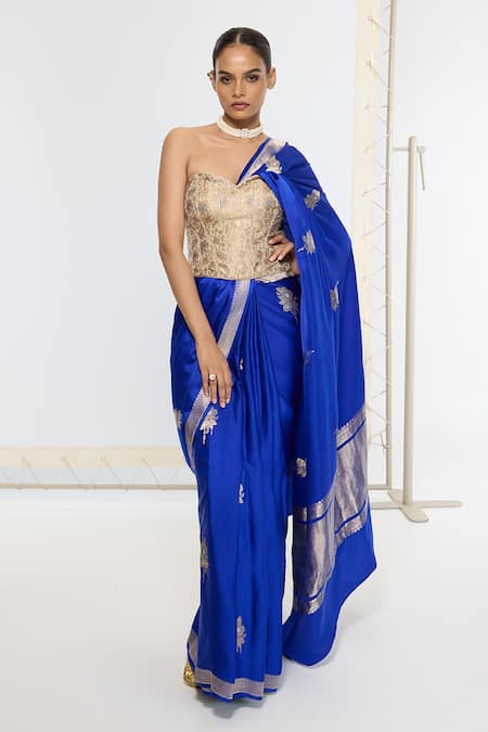 Ekaya Banaras Blue Satin, Silk Embroidery Kadwa Pattern Saree With Running Blouse 