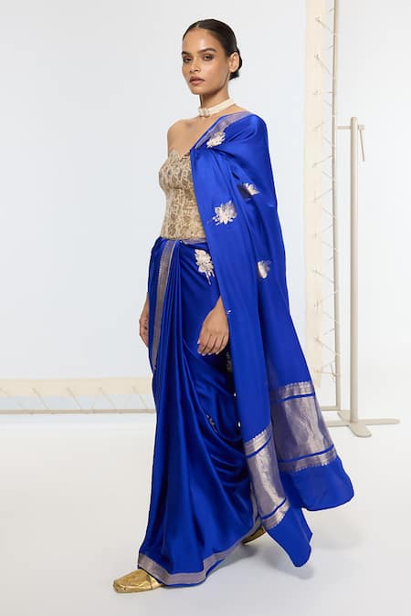 Buy Ekaya Banaras Blue Satin, Silk Embroidery Kadwa Pattern Saree With Running Blouse Online at Aza Fashions Buy_Ekaya Banaras_Blue Satin, Silk Embroidery Kadwa Pattern Saree With Running Blouse _Online_at_Aza_Fashions