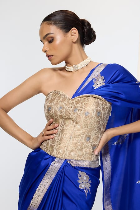 Shop Ekaya Banaras Blue Satin, Silk Embroidery Kadwa Pattern Saree With Running Blouse Online at Aza Fashions Shop_Ekaya Banaras_Blue Satin, Silk Embroidery Kadwa Pattern Saree With Running Blouse _Online_at_Aza_Fashions