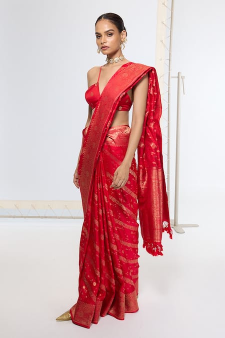 Buy_Ekaya Banaras_Red Satin, Silk Zari Kadwa Tanchoi Saree With Running Blouse _Online_at_Aza_Fashions