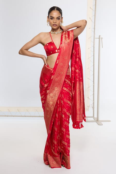 Ekaya Banaras Red Satin, Silk Zari Kadwa Tanchoi Saree With Running Blouse