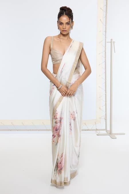 Ekaya Banaras White Crepe Printed Saree With Running Blouse 