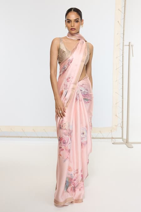 Ekaya Banaras Pink Crepe Printed Saree With Running Blouse