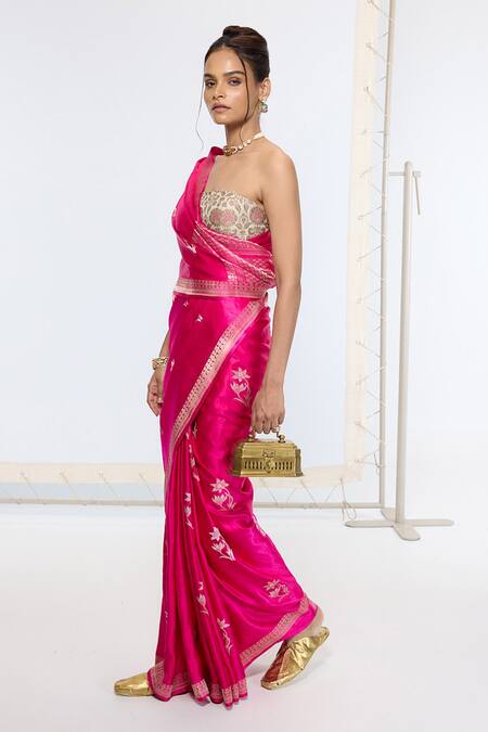 Buy Ekaya Banaras Pink Satin, Silk Embroidery Kadwa Saree With Running Blouse Online at Aza Fashions Buy_Ekaya Banaras_Pink Satin, Silk Embroidery Kadwa Saree With Running Blouse _Online_at_Aza_Fashions
