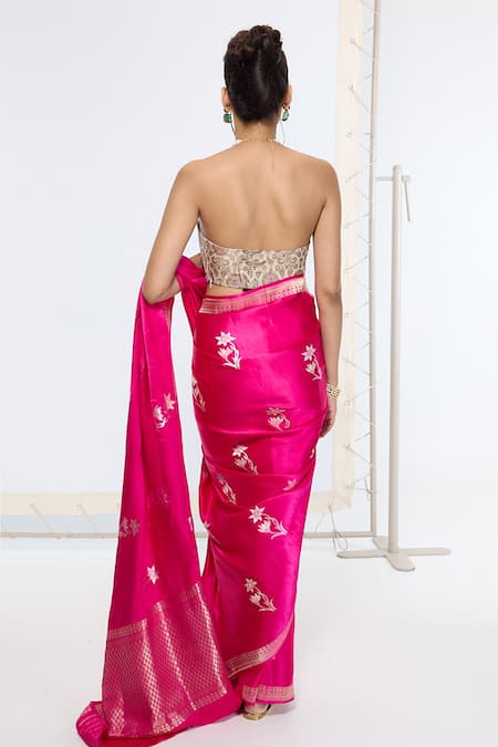 Ekaya Banaras Pink Satin, Silk Embroidery Kadwa Saree With Running Blouse Online at Aza Fashions Ekaya Banaras_Pink Satin, Silk Embroidery Kadwa Saree With Running Blouse _Online_at_Aza_Fashions