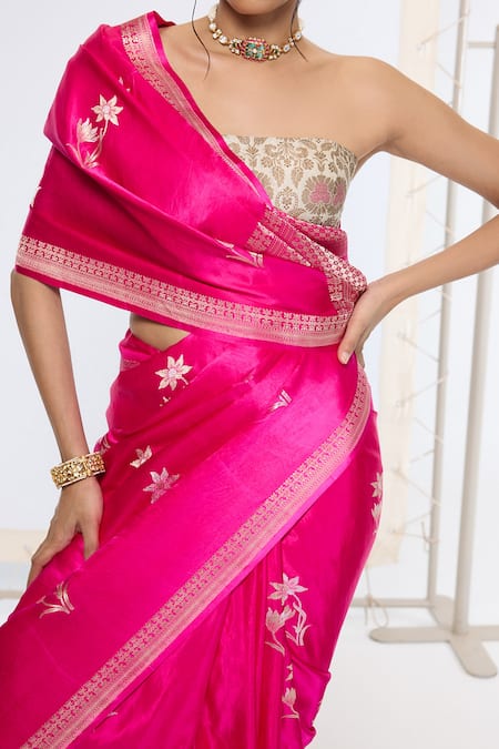 Shop Ekaya Banaras Pink Satin, Silk Embroidery Kadwa Saree With Running Blouse Online at Aza Fashions Shop_Ekaya Banaras_Pink Satin, Silk Embroidery Kadwa Saree With Running Blouse _Online_at_Aza_Fashions