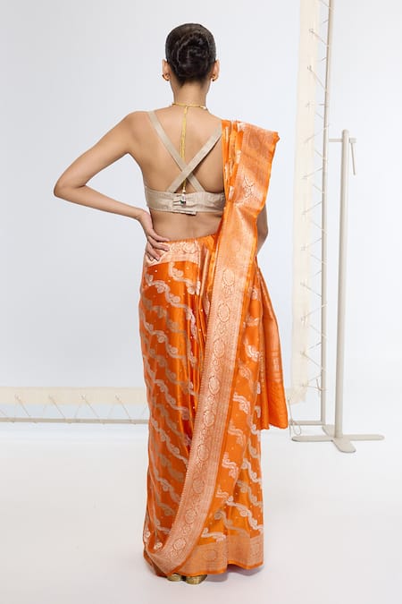 Ekaya Banaras Kadwa Pattern Orange Satin Silk Saree With Running Blouse 