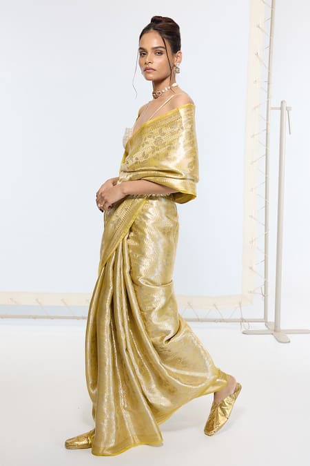 Buy_Ekaya Banaras_Gold Tissue, Silk Embosed Saree With Running Blouse _Online_at_Aza_Fashions