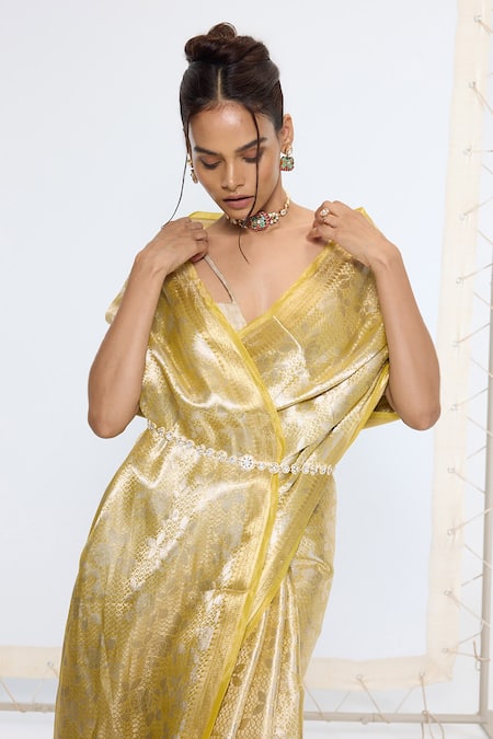 Shop_Ekaya Banaras_Gold Tissue, Silk Embosed Saree With Running Blouse _Online_at_Aza_Fashions