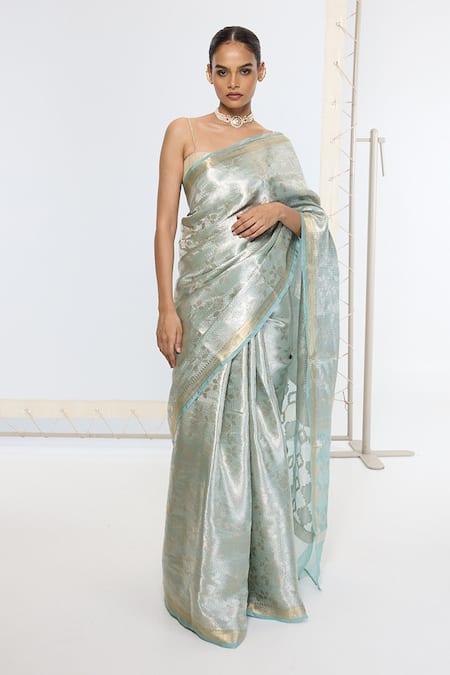 Ekaya Banaras Green Silk, Tissue Embroidered Saree With Running Blouse 