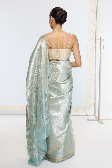 Ekaya Banaras Green Silk, Tissue Embroidered Saree With Running Blouse Online at Aza Fashions Ekaya Banaras_Green Silk, Tissue Embroidered Saree With Running Blouse _Online_at_Aza_Fashions